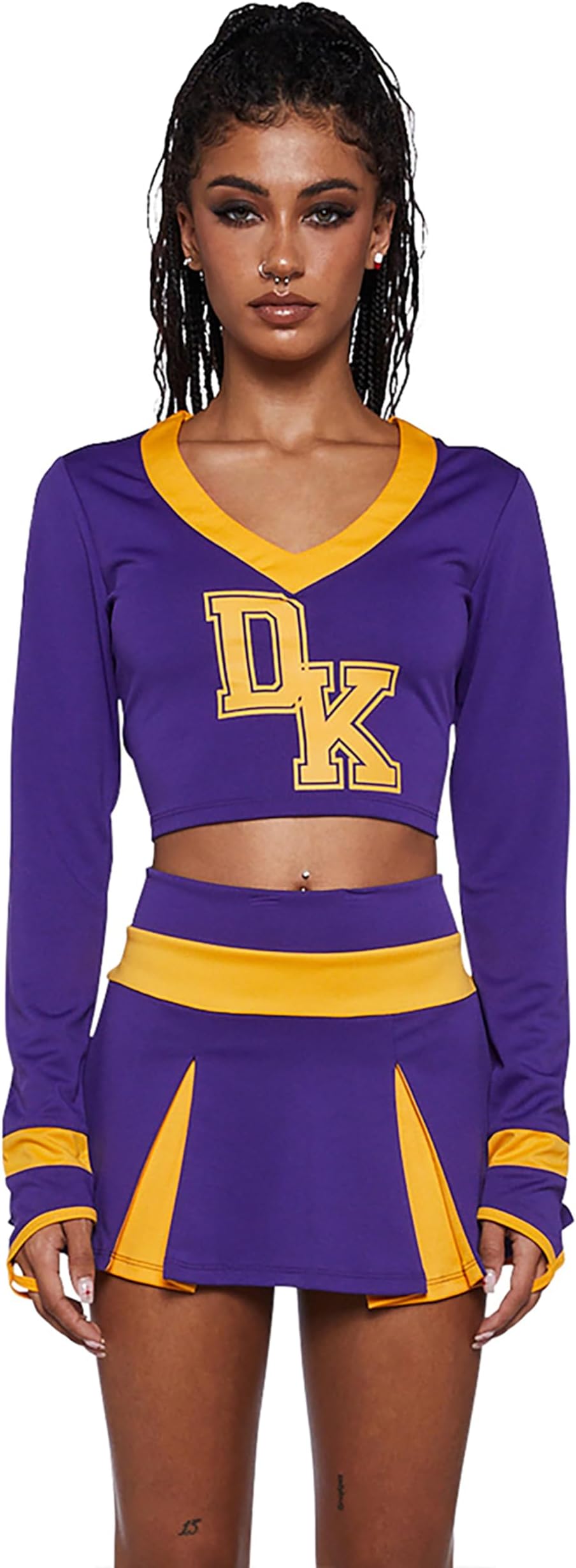 Bite The Boyfriend Costume by Trickz N’ Treatz – Women’s Purple & Yellow Cheerleader Outfit with Skirt & Top
