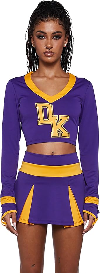 Dolls Kill Bite The Boyfriend Costume by Trickz N Treatz Womens Purple & Yellow Cheerleader Outfit with Skirt & Top
