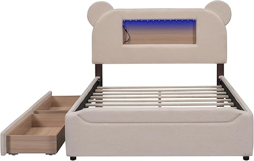 Miniatura 85 de Quarte Bonita cama de princesa tapizada de tamaño matrimonial con cabecero de corona, no requiere somier Beige/orejas de dibujos