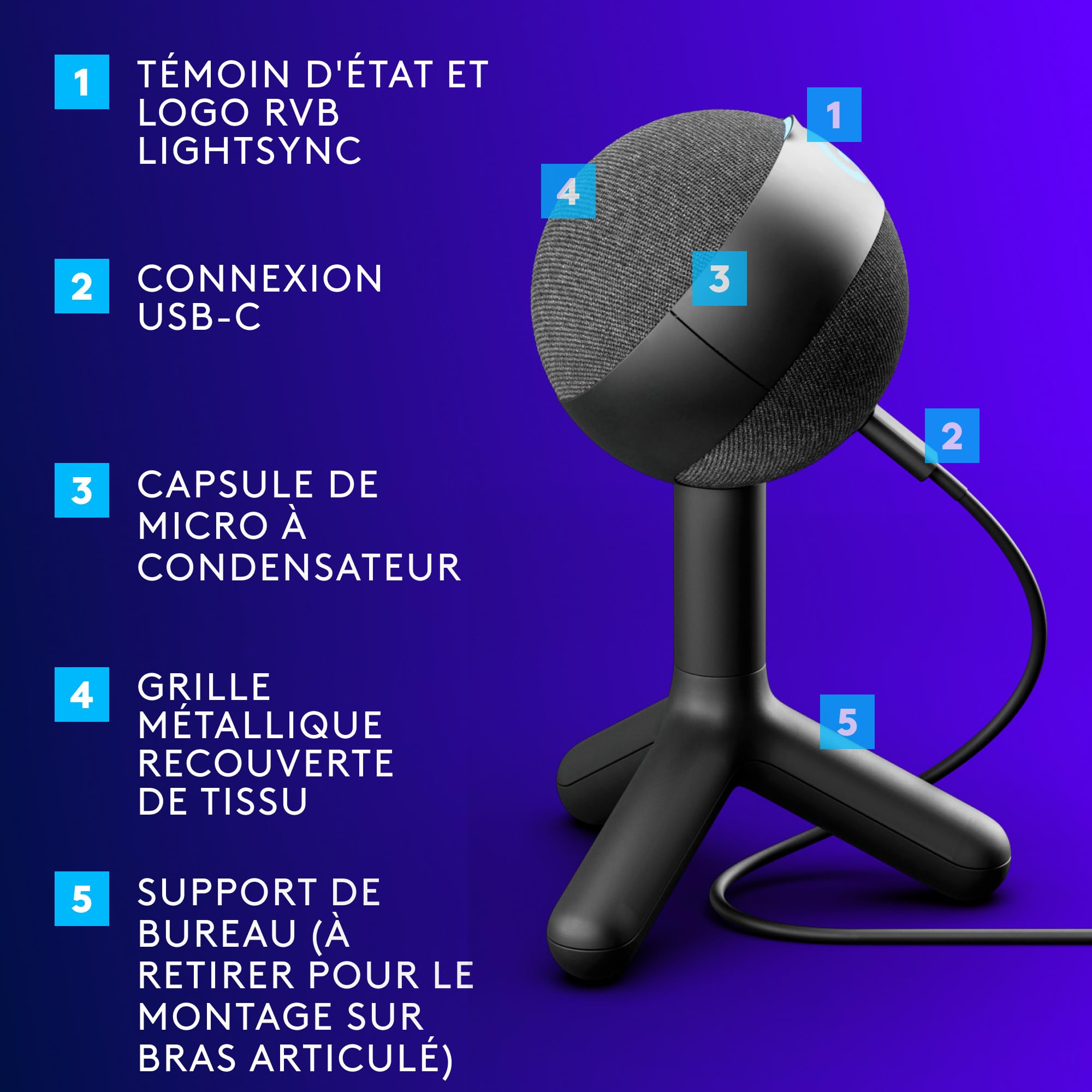 Logitech G Yeti Orb Microphone Gaming RVB à condensateur avec LIGHTSYNC, USB prêt à l’Emploi pour Streaming, cardioïde, pour PC/Mac - Noir