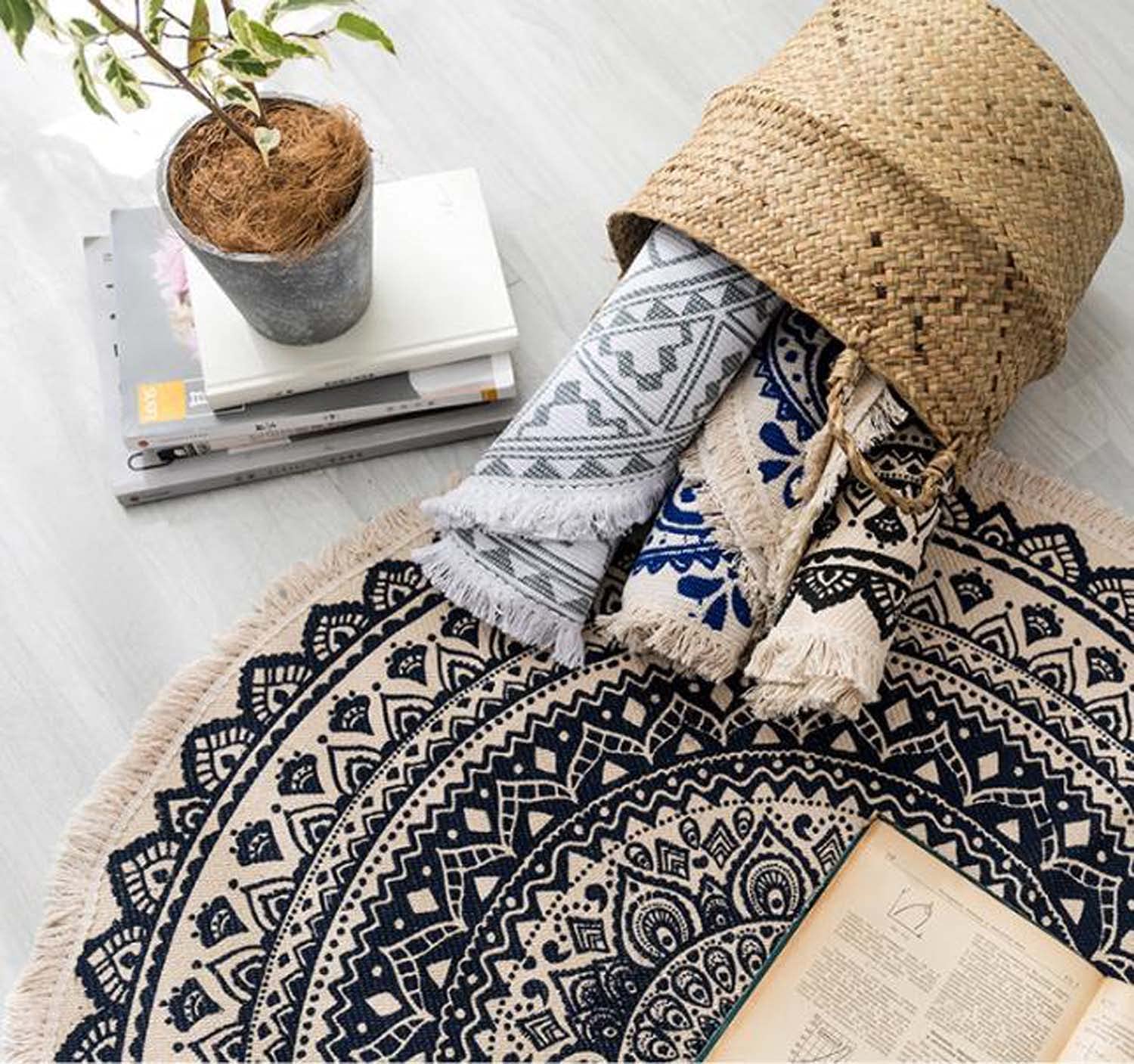 Dhao Mandala Indien Tapis Rond en Coton de Style Boho,Tapis Rond avec des Gland, Lavable en Machine Tapis Salon Chambre à Coucher Décor (150x150cm,#3)