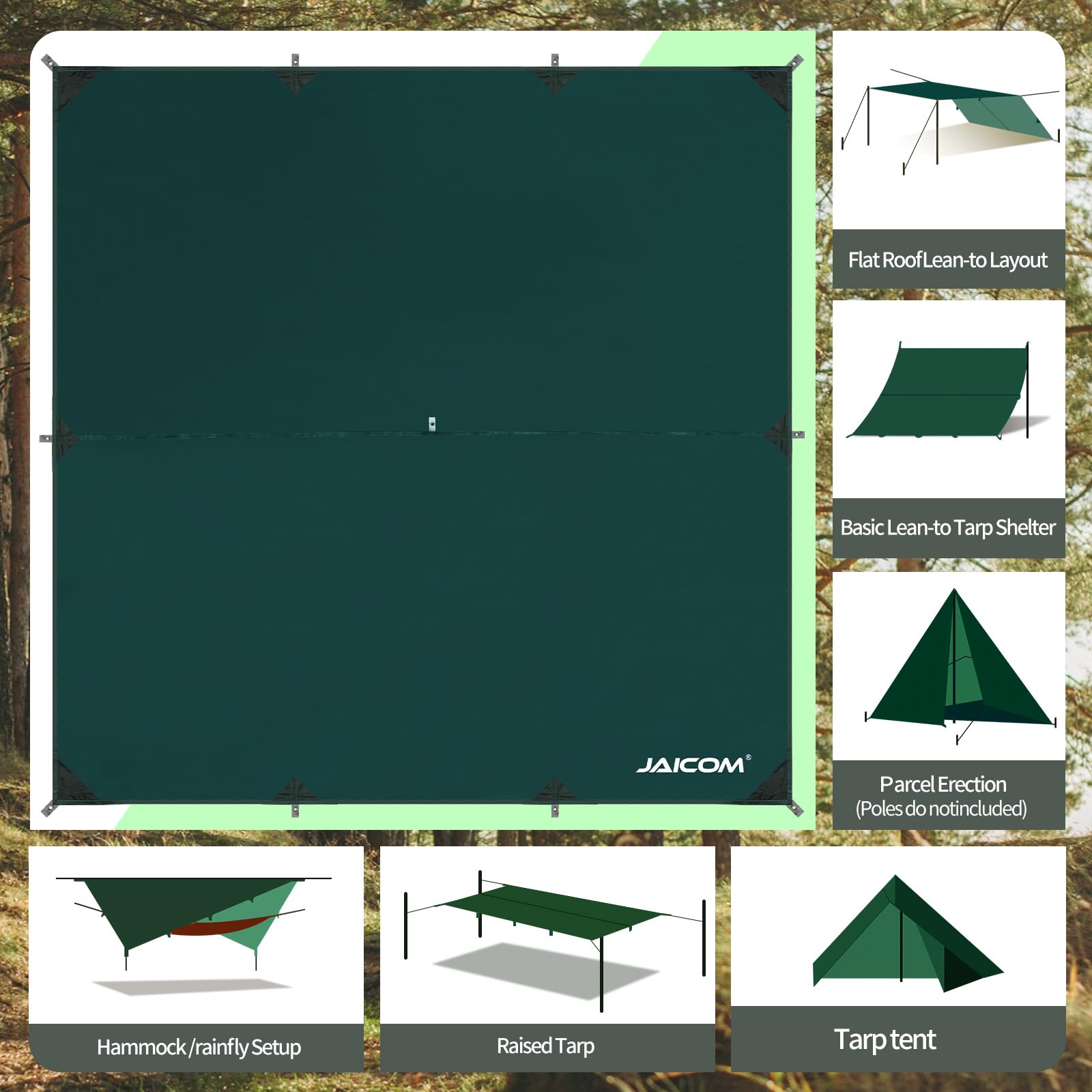 JAICOM Tarp Campeggio - 3M x 3M, Telone da Campeggio Impermeabile PU3000 mm, Ultra Leggero e Portatile, Protezione UV, Per amache, escursioni, campeggio e picnic