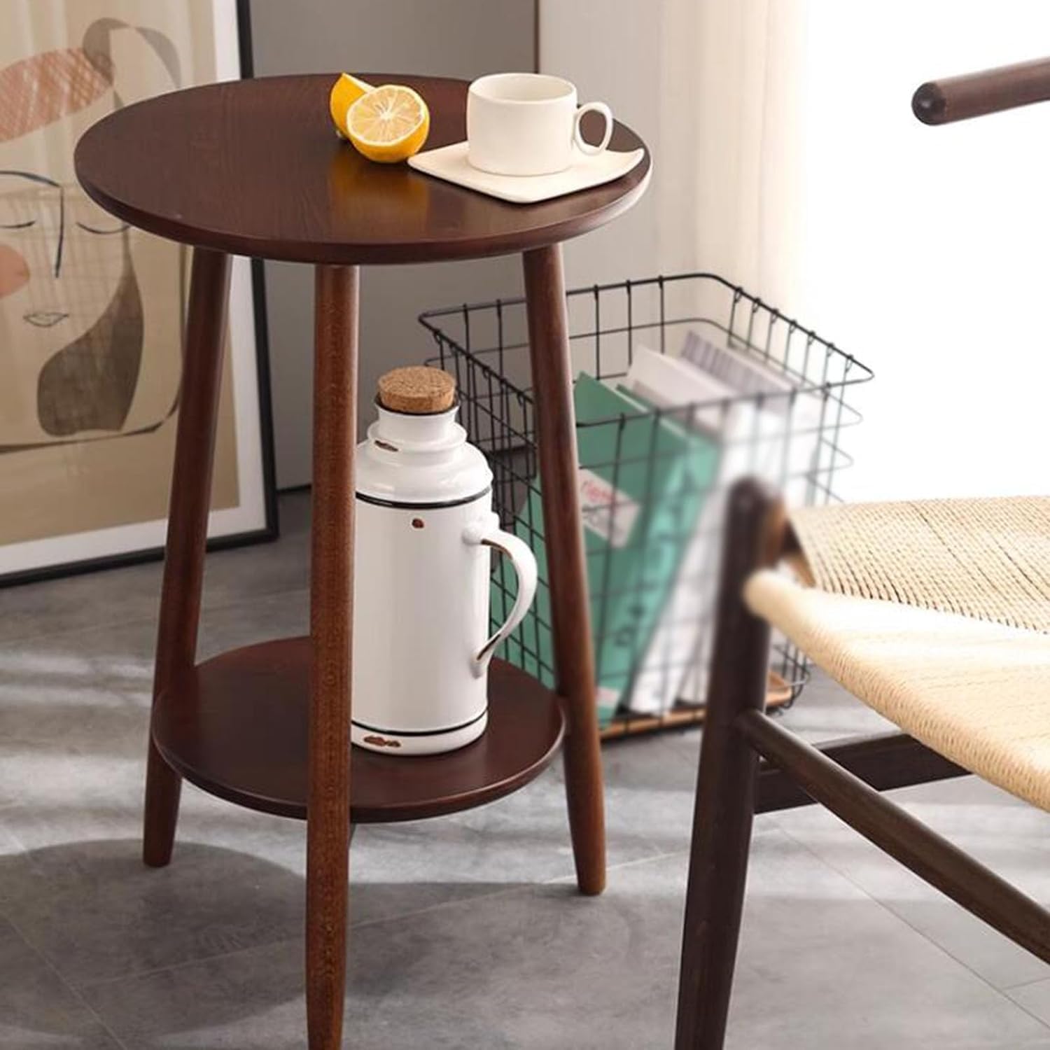 Aimery Office End Table 2 Tier Round Side Table, Wooden Coffee Table with Shelves and 3 Legs, Sofa Table for Flower Shop Lounge Office