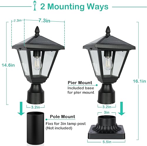 Miniatura 7 de Luces solares de poste de metal y vidrio, luces solares de poste del atardecer al amanecer con base de montaje en muelle, luces exteriores de 6000 K