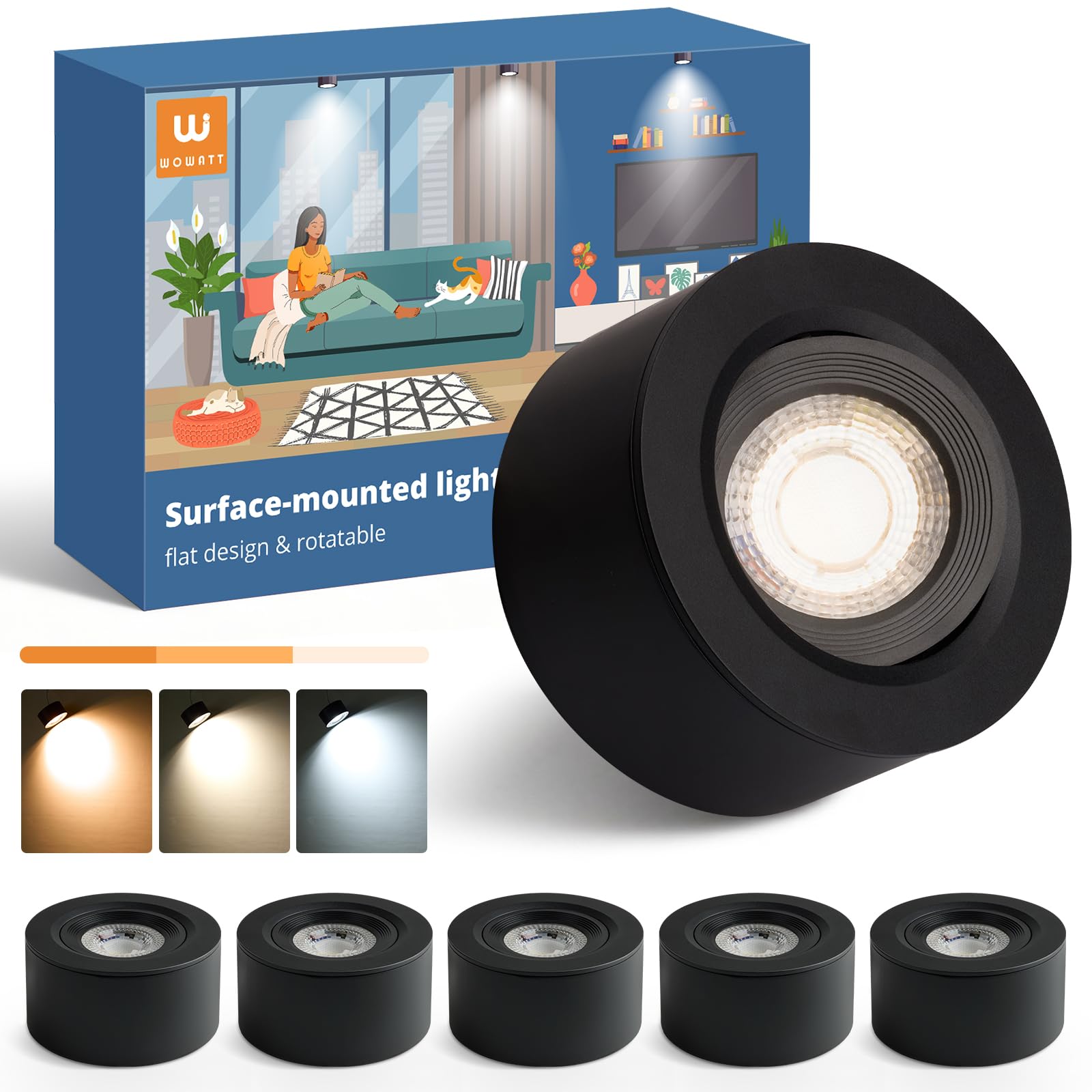 wowatt 6 Piezas Focos LED Interior Techo Superficie Negro, Orientables 30°