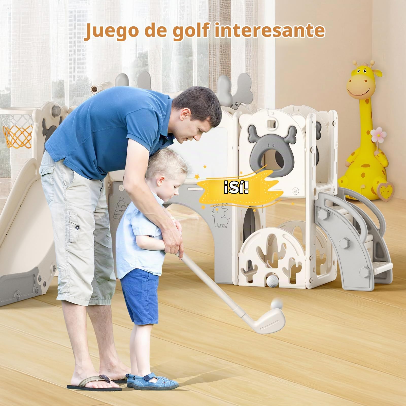Tobogán Elk 11 en 1 con Canasta de Baloncesto, Golf, telescopio, Estructura para Escalar, tobogán Interior para niños, Juguetes Montessori para Parques Infantiles(Beige grisáceo)