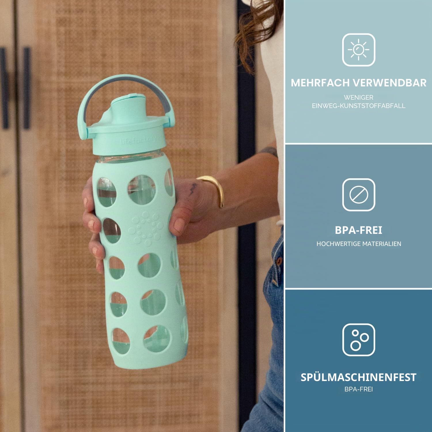 Lifefactory Active Flip Cap Glas-Wasserflasche, 625 ml, Minzgrün | Schützende Silikonhülle, Auslaufkappe, Tragegriff, BPA-frei, wiederverwendbar, spülmaschinenfest