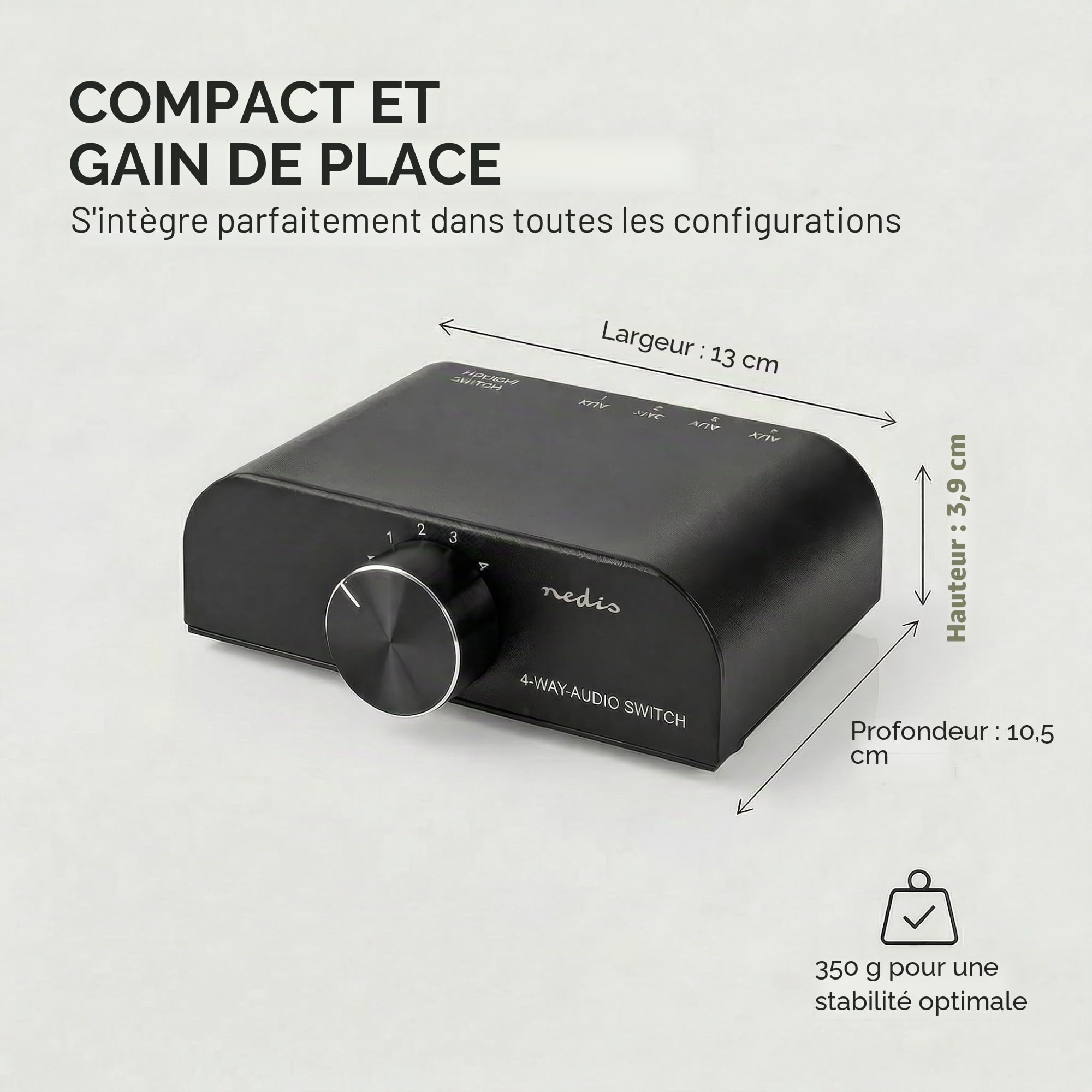 Nedis Commutateur Audio analogique | 4 Ports(s) | Connexions – Entrée : 1 x entrée Audio 3,5 mm / 3 x (2 x RCA Femelle) | Connexions – Sortie : 1 x (2 x RCA Femelle) | Manuel | Métal | Anthracite