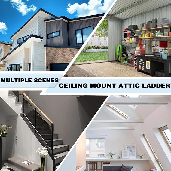 12 Steps Ceiling Mounted Attic Ladder, Retractable Pull Down System Attic Stairs, Telescopic Loft Stairs with Pull Rod, Ceiling Folding Loft Ladder with Handrail for Basement (White, Steps 12)