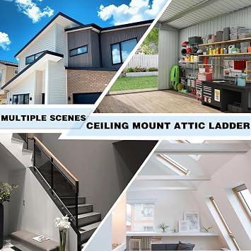 12 Steps Ceiling Mounted Attic Ladder, Retractable Pull Down System Attic Stairs, Telescopic Loft Stairs with Pull Rod, Ceiling Folding Loft Ladder with Handrail for Basement (White, Steps 12)