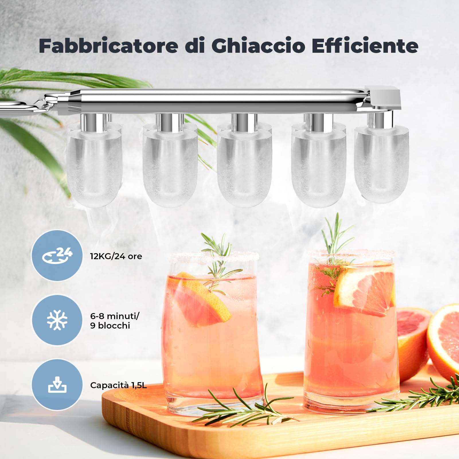 Macchina Ghiaccio 12kg/24h, Autopulente Macchina del Ghiaccio Casa 1,5L, Silenzioso Macchina per il Ghiaccio 9 Cubetti in 6 Minuti, Ice Maker con Maniglia/Paletta/Cestello, Nero