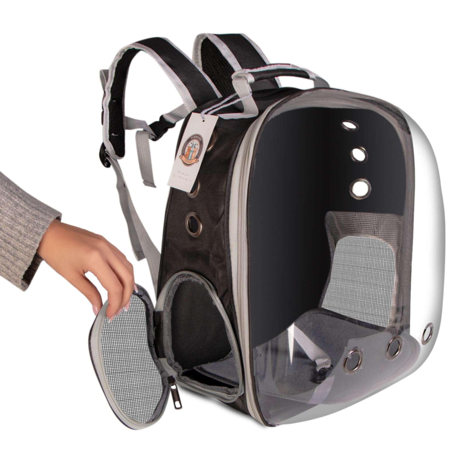 Furrevever Friends CatVision Black – Robuster und Bequemer Rucksack-Transporter für Katze und Hund, Atmungsaktives Design mit Klappöffnung, Zusätzliche Taschen und Sicherheitsleinen, Schwarz