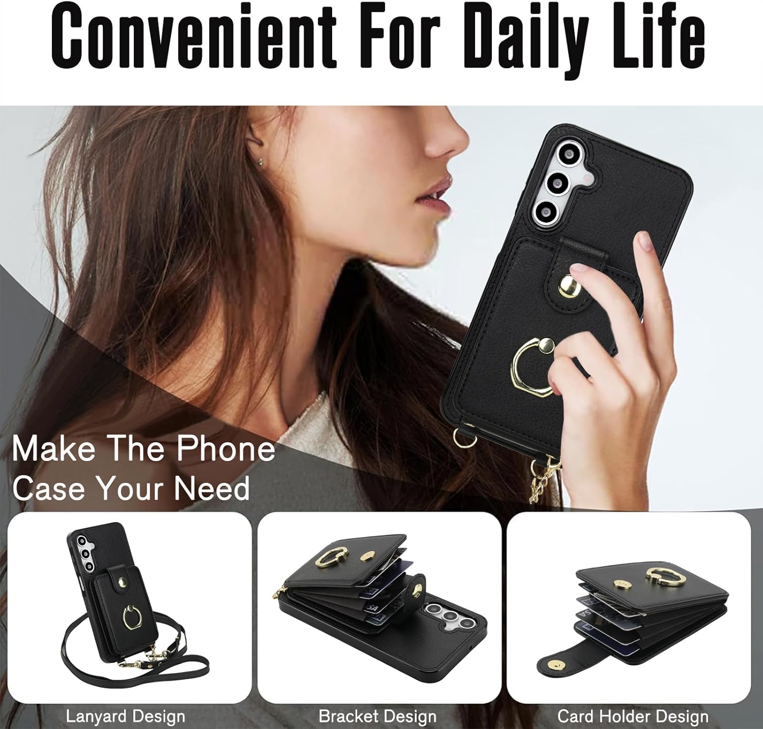 Phone Case for Samsung Galaxy A16 5G/4G Magnetic Wallet Cover and Screen Protector Ring Kickstand Crossbody Lanyard Strap Compatible with MagSafe RFID Blocking A 16 16A SM-A166U for Women Black