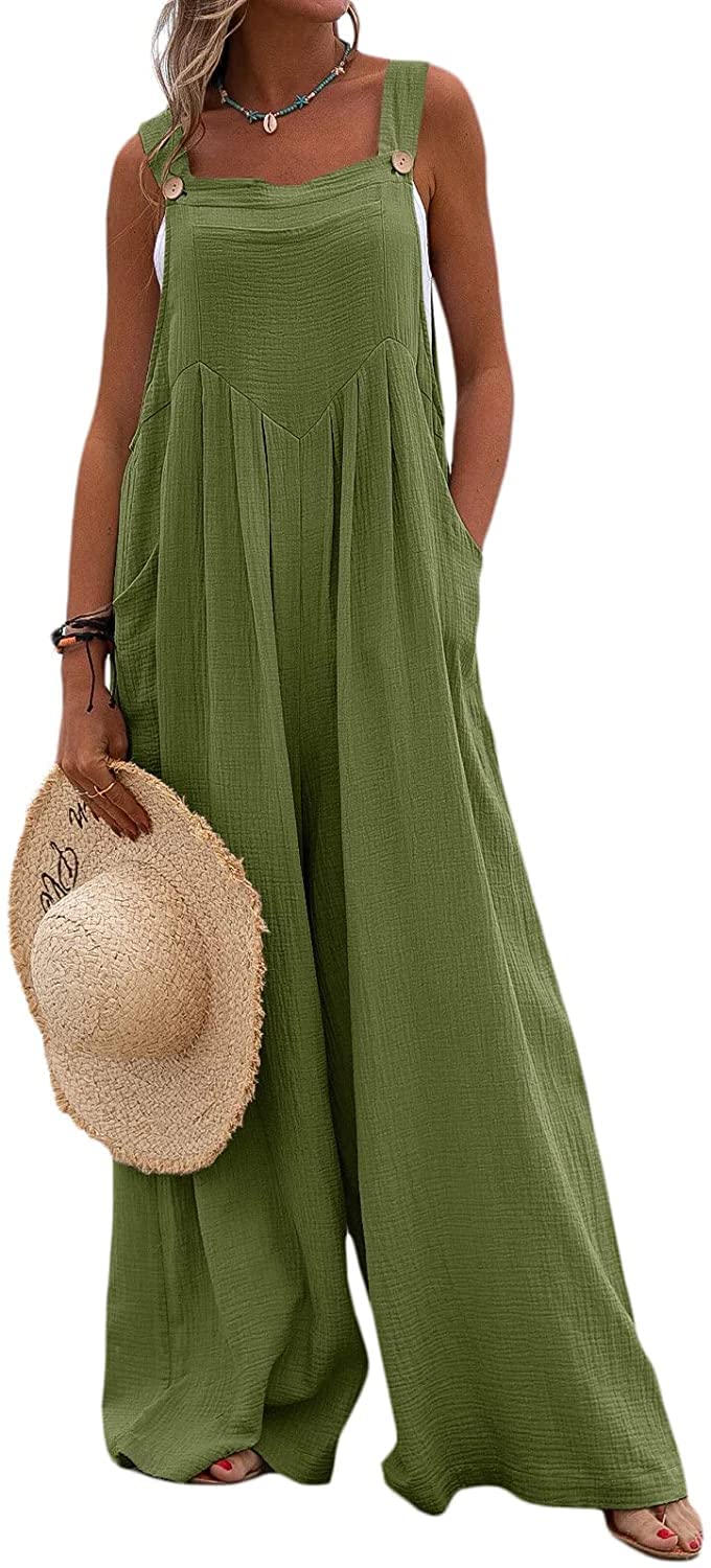 DLFE Women's Wide Leg Overalls Sleeveless Jumpsuits Suspender Overalls Loose Comfy Baggy Button Rompers with Pockets