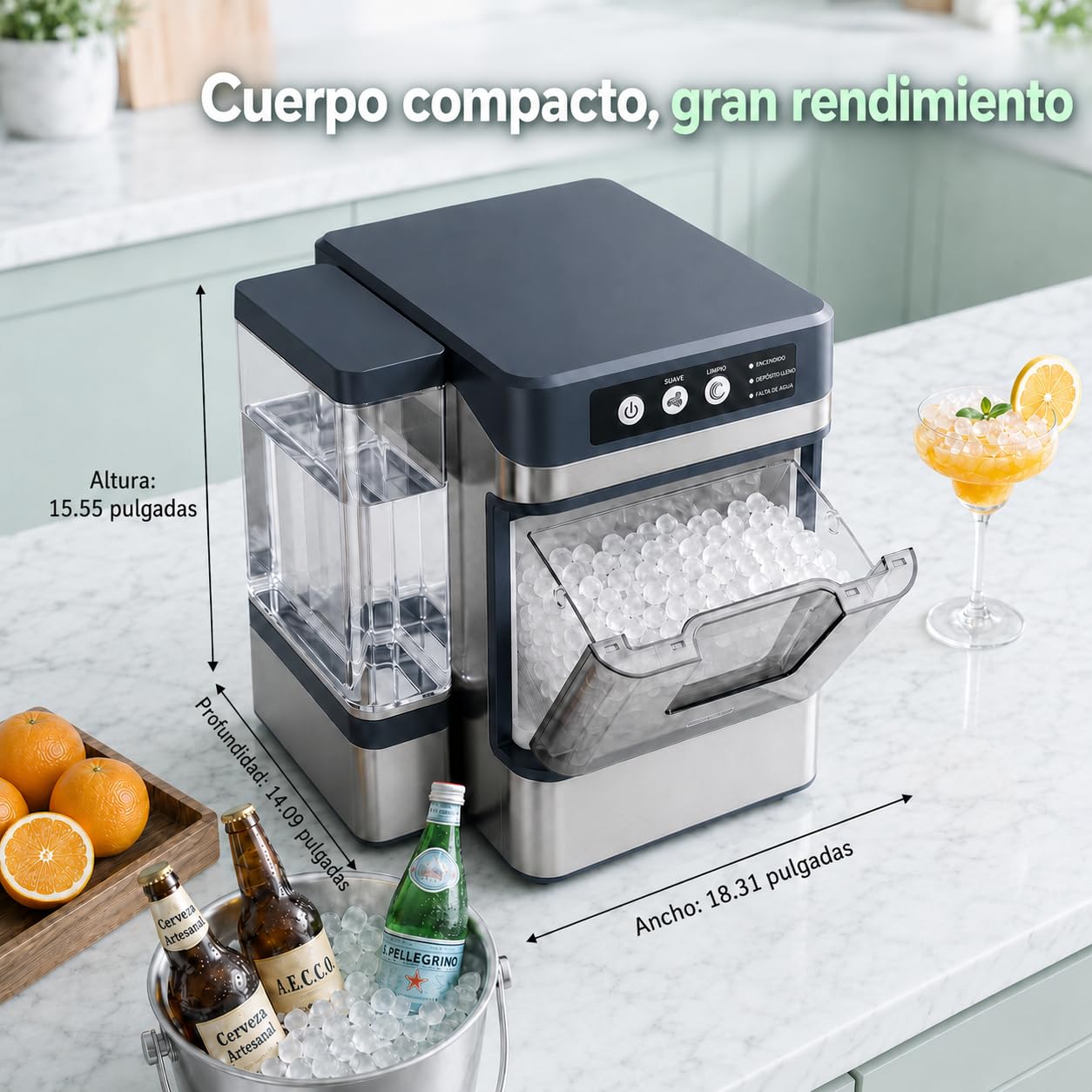 Máquina de Hielo Nugget Masticable, 20kg/24h, Hielo en 8-10 Min | Hielo suave ideal para bebidas, con depósito 1,3L, autolimpieza y diseño compacto para hogar, oficina y fiestas.