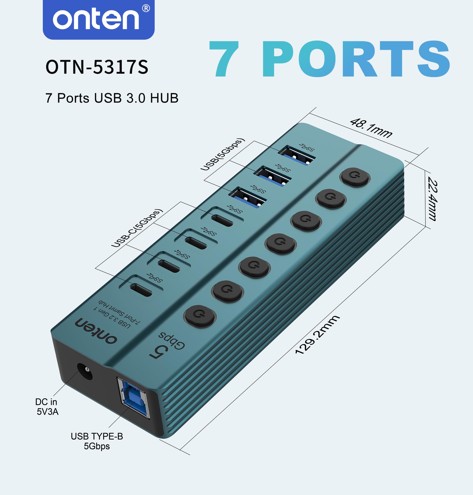 Onten OTN - 5317S Hub USB 3.0 de 7 puertos, transferencia de datos de alta velocidad de 5 Gbps, interruptores independientes, amplia compatibilidad para laptop, tablet, teléfono, consola de juegos