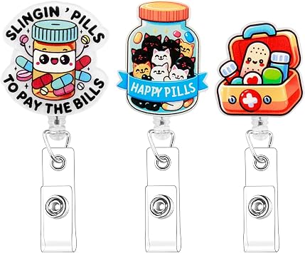 Cute Pharmacy Nurse Badge Reels, Reelretractable Nursing Student Badge Reels with Alligator Clip for Pharmacy 3 Happy cat Pill Badge