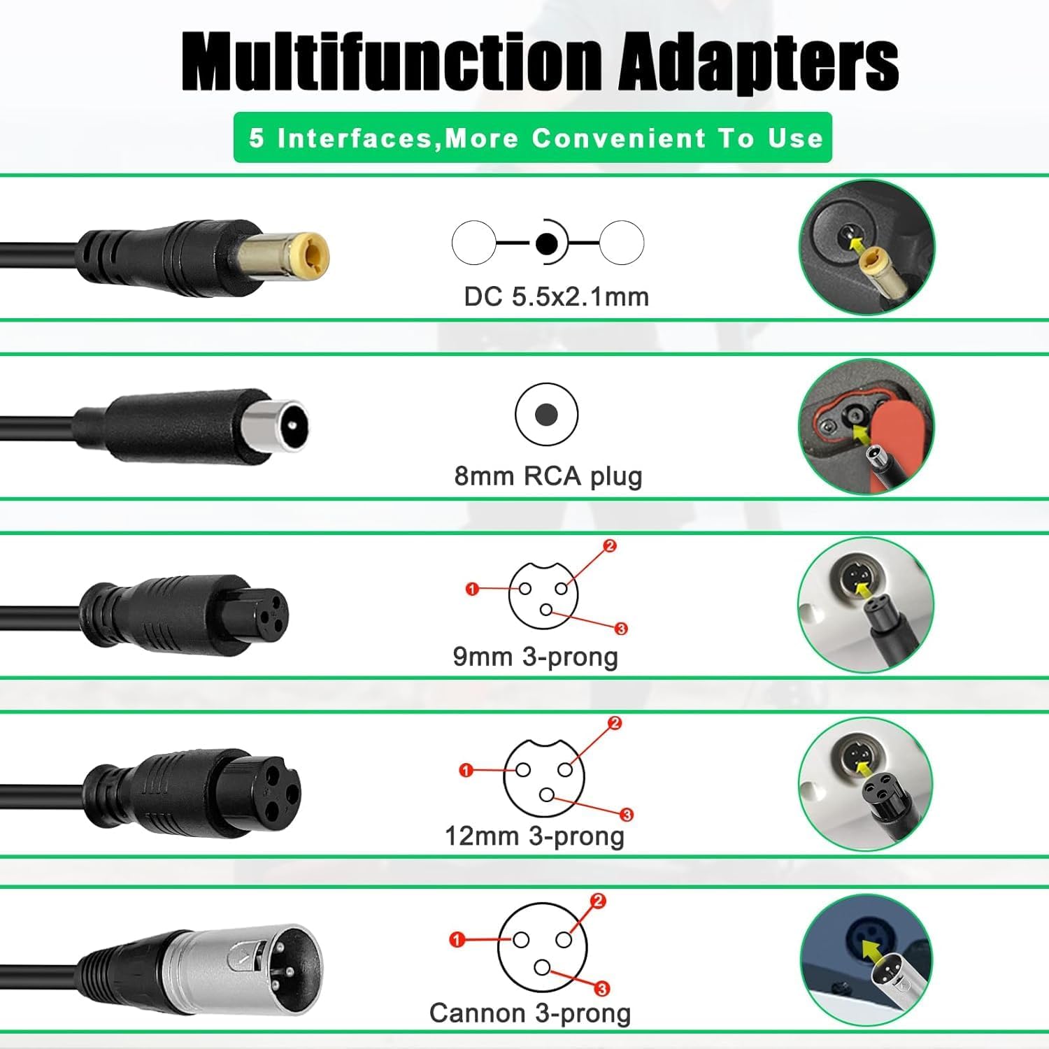 (5 Plugs) 29.4V 2A Fast Battery Charger Universal for 24V 25.2V 25.9V Lithium Battery Electric Scooter Replacement Charger - 5 in1 Plugs