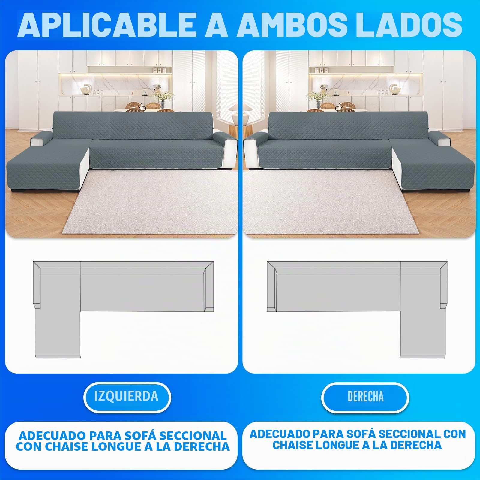 Impermeable Funda Sofa Chaise Long 3 Plazas, Funda Chaise Longue Derecho/Izquierdo Reversible, Universal, Ajustables, Antideslizante, Lavable, para Gatos Perros, Gris Oscuro
