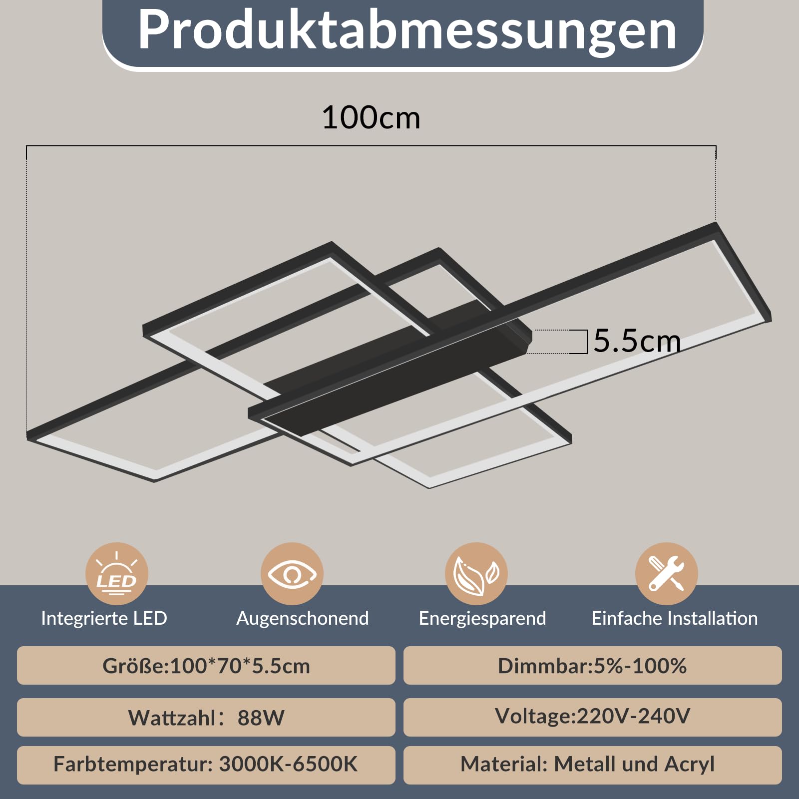GBLY Deckenlampe LED Deckenleuchte Wohnzimmer 100cm Dimmbar Wohnzimmerlampe | 88W Schwarz Modern Rechteck Schlafzimmerlampe groß Geometrisch Schlafzimmer Büro Küche lampe Fernbedienung