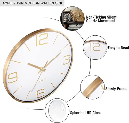Miniatura 7 de AYRELY Relojes de pared modernos de 12 pulgadas con pilas reloj de pared para decoración de sala de estar reloj de marco de metal dorado decorativo