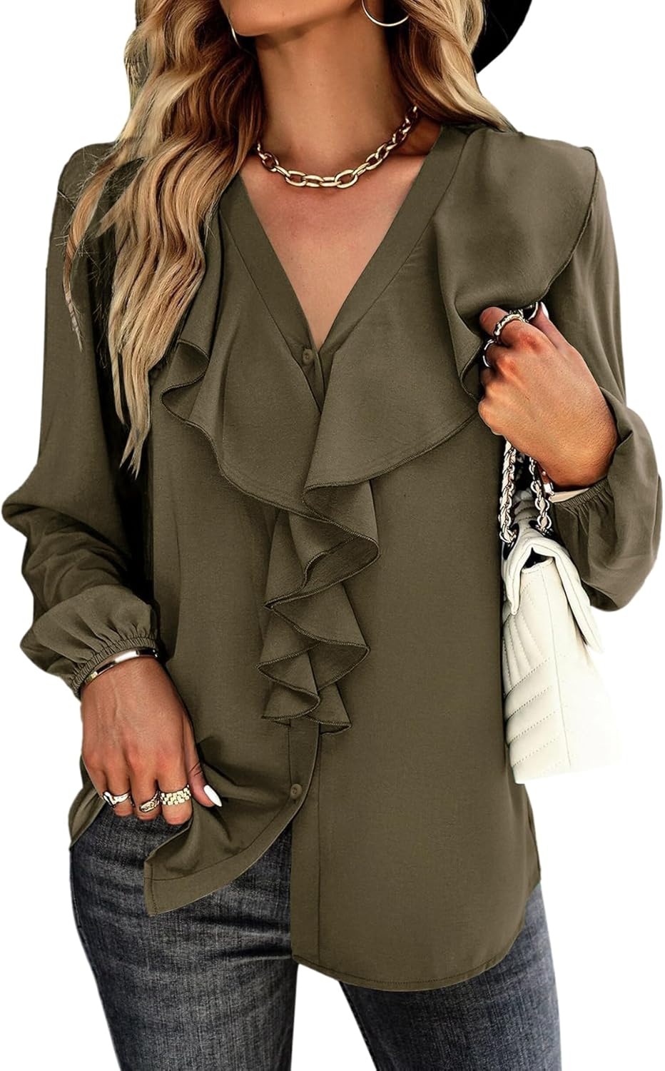 Vrtige Women's V Neck Ruffle Front Button Down Long Sleeve Blouse Top Shirt