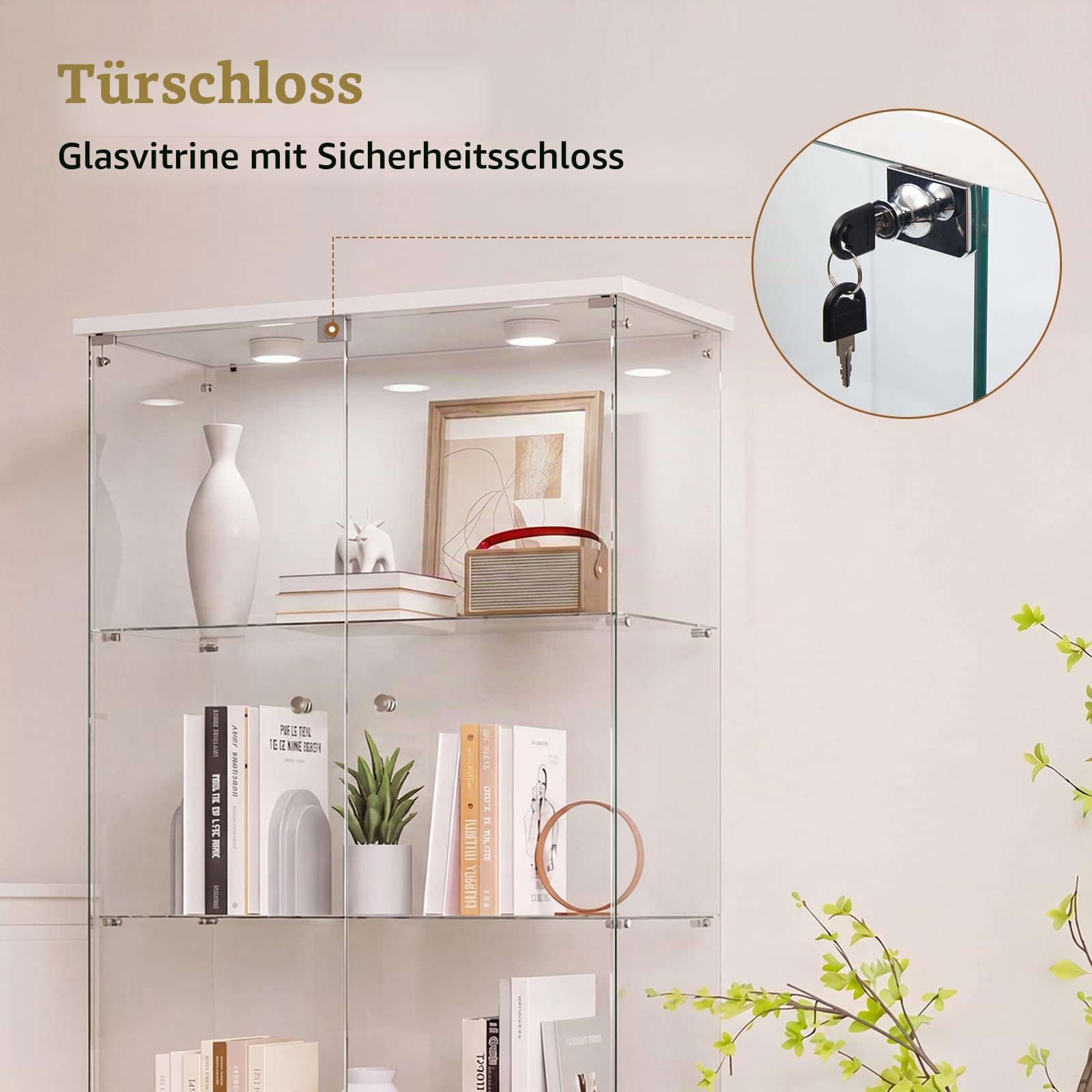 DADEA Glasvitrine 4 Etagen mit 2 Türen, Glassvitrinenschrank mit Spiegel, Glasvitrine Stehend mit Licht und Schloss Vitrinenschrank Spiegel Curio Schrank Glas Vitrine mit LED Glasvitrinen Schrank