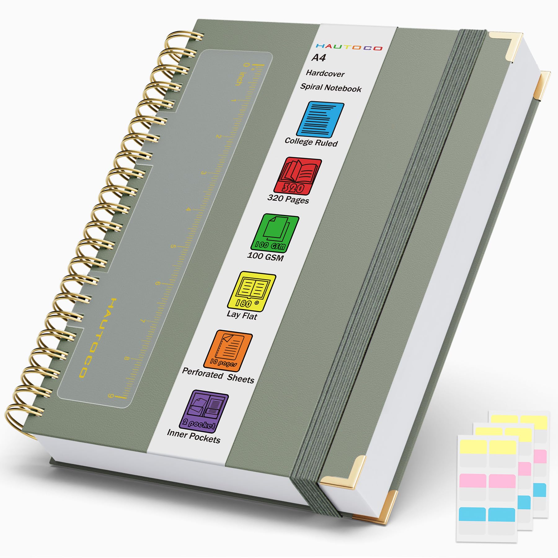 HAUTOCOSpiral Notebook Journal 8.5X 11", College Ruled Leather Notebook with 320 Pages, 100 GSM Paper, A4 Hardcover Notebook, Lined Journaling Notebooks for Work Office School Business, Olive Green