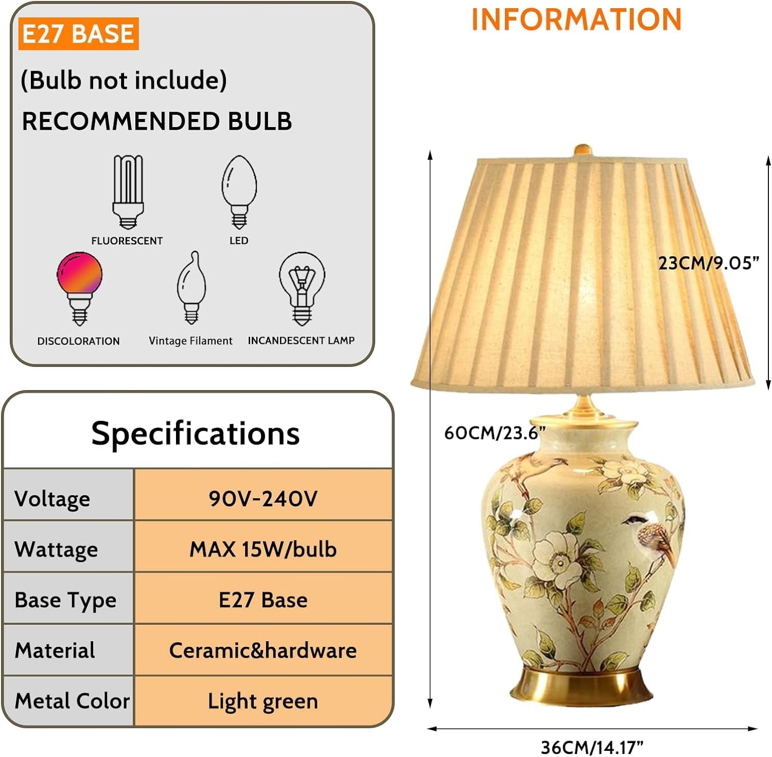 23,6-Calowa Ceramiczna Lampa Stołowa Z Motywem Kwiatów I Ptaków W Stylu Chinoiserie, Biurko Led, Nowoczesna Szafka Nocna Do Sypialni, Salonu, Pokoju Rodzinnego I Biura