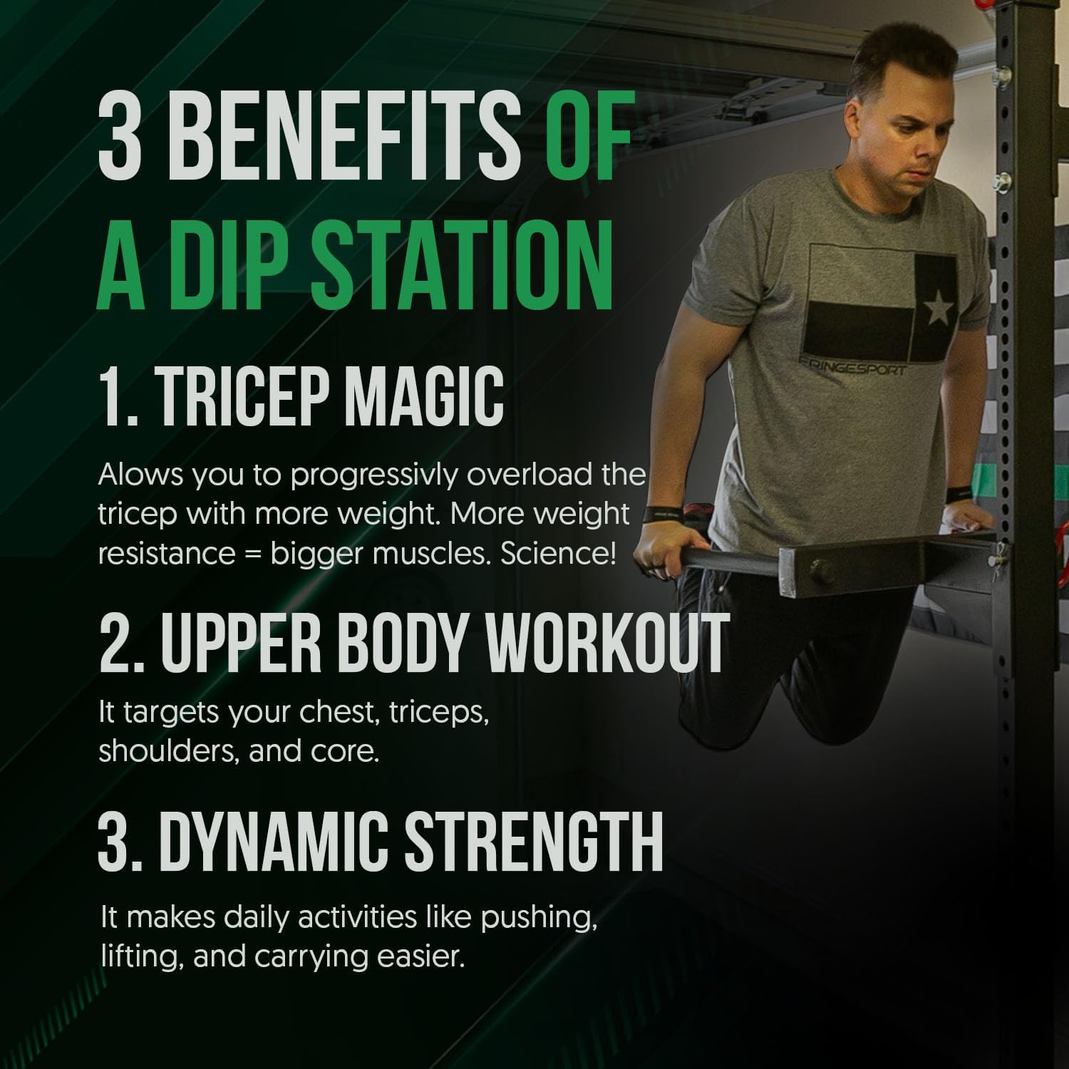 Dip Bar Station For Tricep Dips, Bodyweight Training, Calisthenics, Attaches to 2"x3" Rigs, Cages, Squat Racks with 5/8" Hardware, Angular Bar Layout