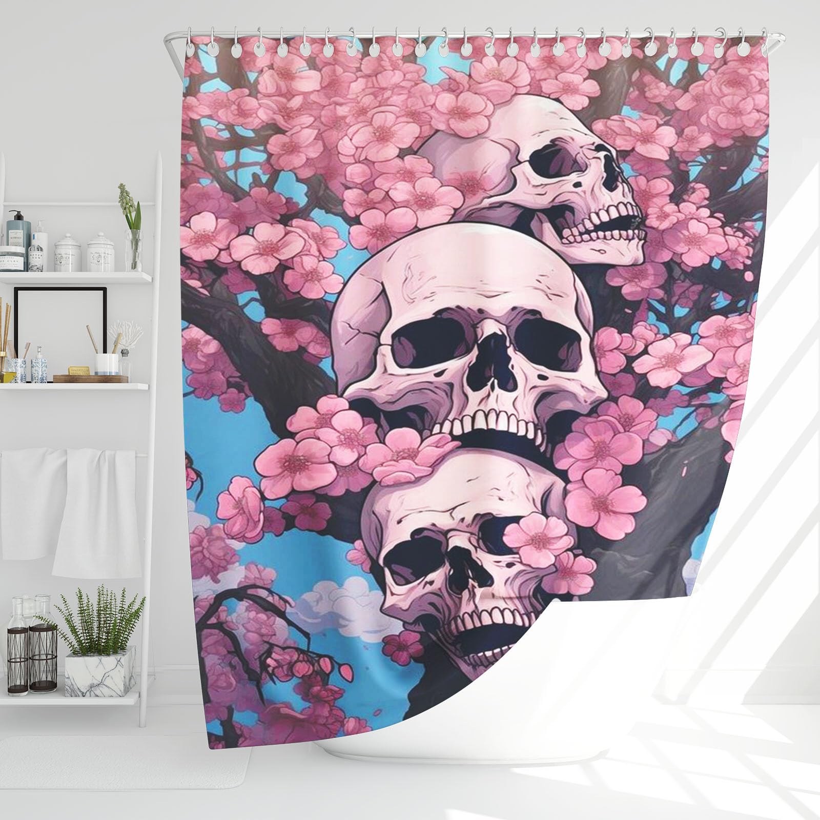 Lot de 4 rideaux de douche motif tête de mort - 180 x 200 cm - 180 x 180 cm - Motif tête de mort - En polyester imperméable - 3D - Tapis de salle de bain (180 x 180 cm, 3)