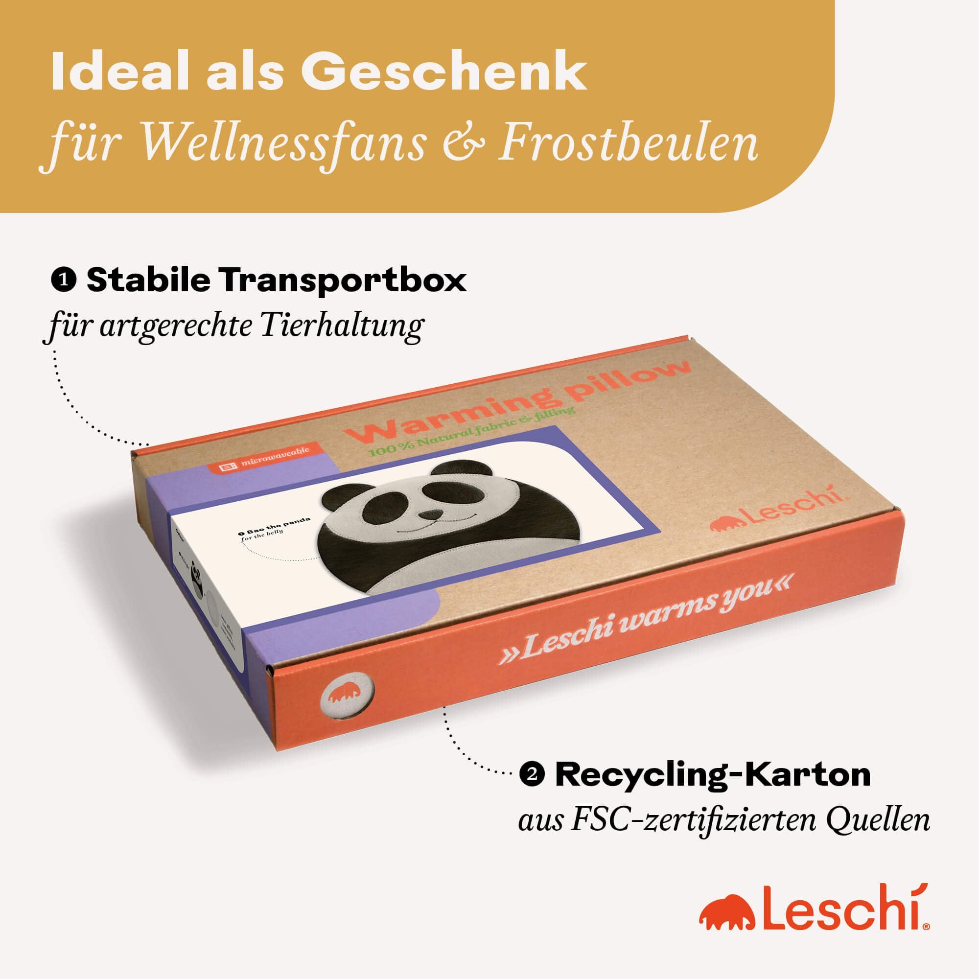 LESCHI 4 Kammer Körnerkissen - mikrowellengeeignetes Wärmekissen - ideal als natürliche Hilfe bei Bauch- und Regelschmerzen - aus natürlicher Bio Baumwolle & Bio Weizen - Panda, Schwarz