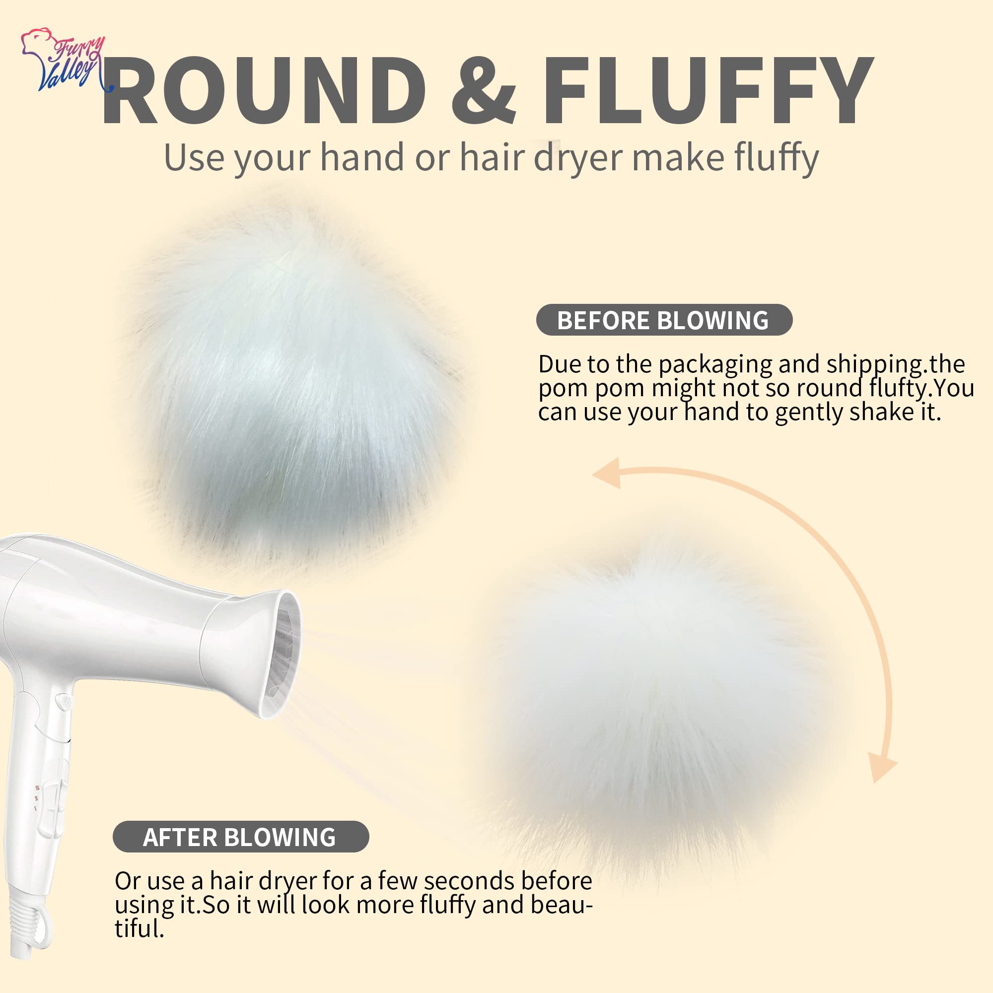 Furryvalley - Pompon in finta pelliccia, 6 pezzi, per realizzare cappelli, scarpe, con chiusura a scatto, rimovibile, accessori per cappelli da lavoro a maglia, misura 15,8 cm, colore: Blu