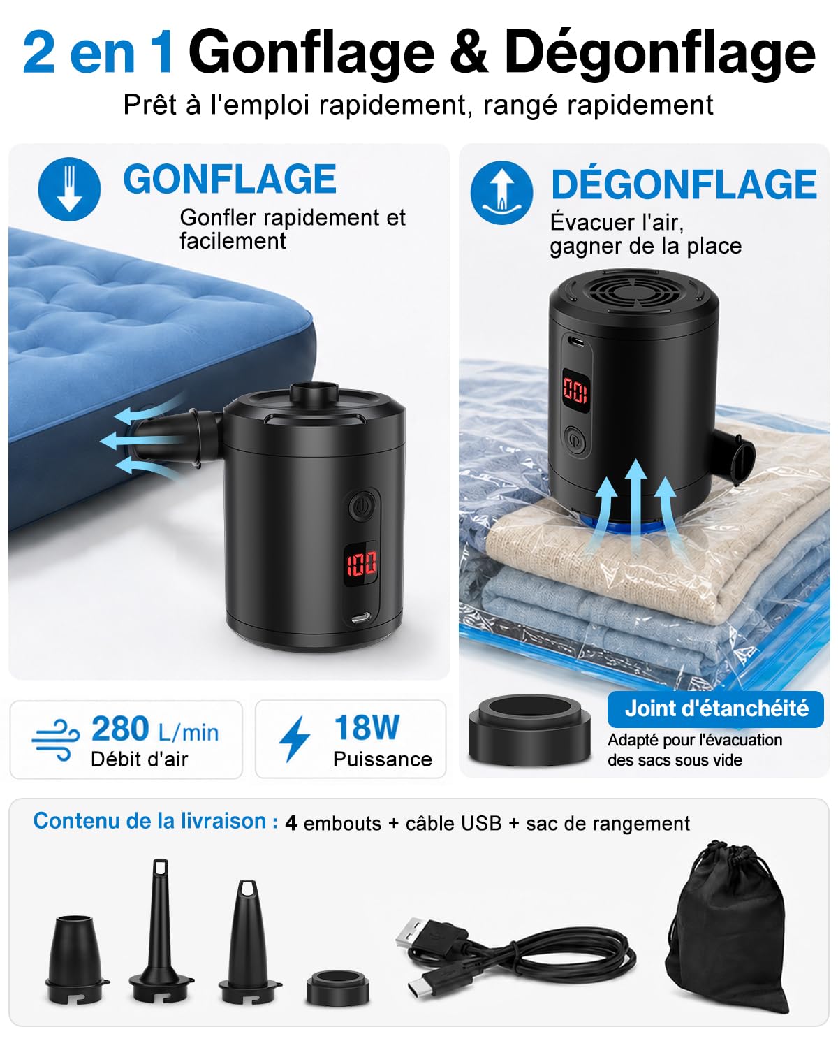 Pompe à Air Électrique Rechargeable 5200 mAh 280 L/Min avec Écran Numérique, Gonfleur Rapide Portable pour Matelas et Piscine