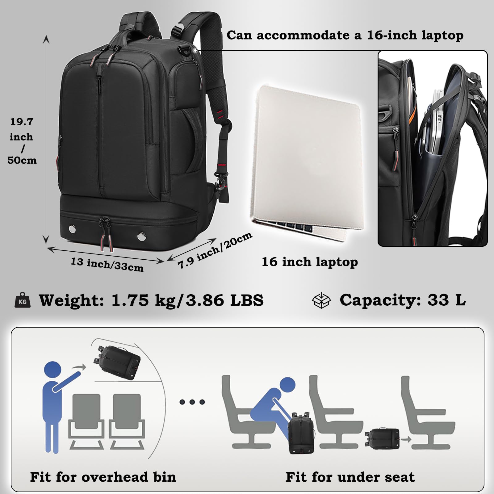 Sea choice Sac à Dos de Voyage pour homme et femme Sac à Dos pour Ordinateur Portable 15,6" et iPad 12,9" pour Weekender, Camping, Université, École, Quotidien