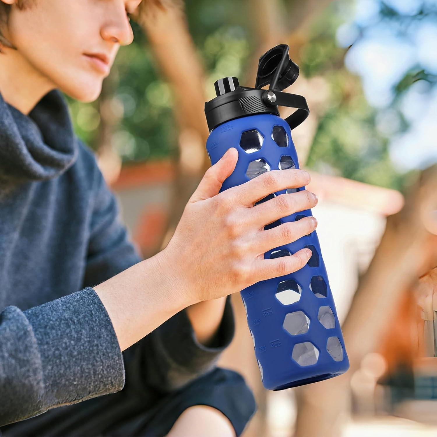 MUKOKO Glass Water Bottles, 32oz Glass Tumbler with Straw, Drinking Bottles with 2 Lids-Handle Spout Lid&Bamboo Straw Lid, Motivational Water Bottle with Time Marker and Silicone Sleeve, 1 Pack-Blue - Image 6