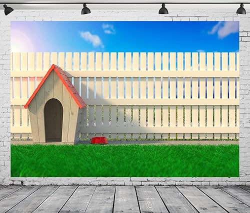 Miniatura 2 de BELECO Telón de fondo de tela de 7 x 5 pies para jardín, casa de perro para fotografía, cabaña de madera, casa de perro con techo rojo, hierba