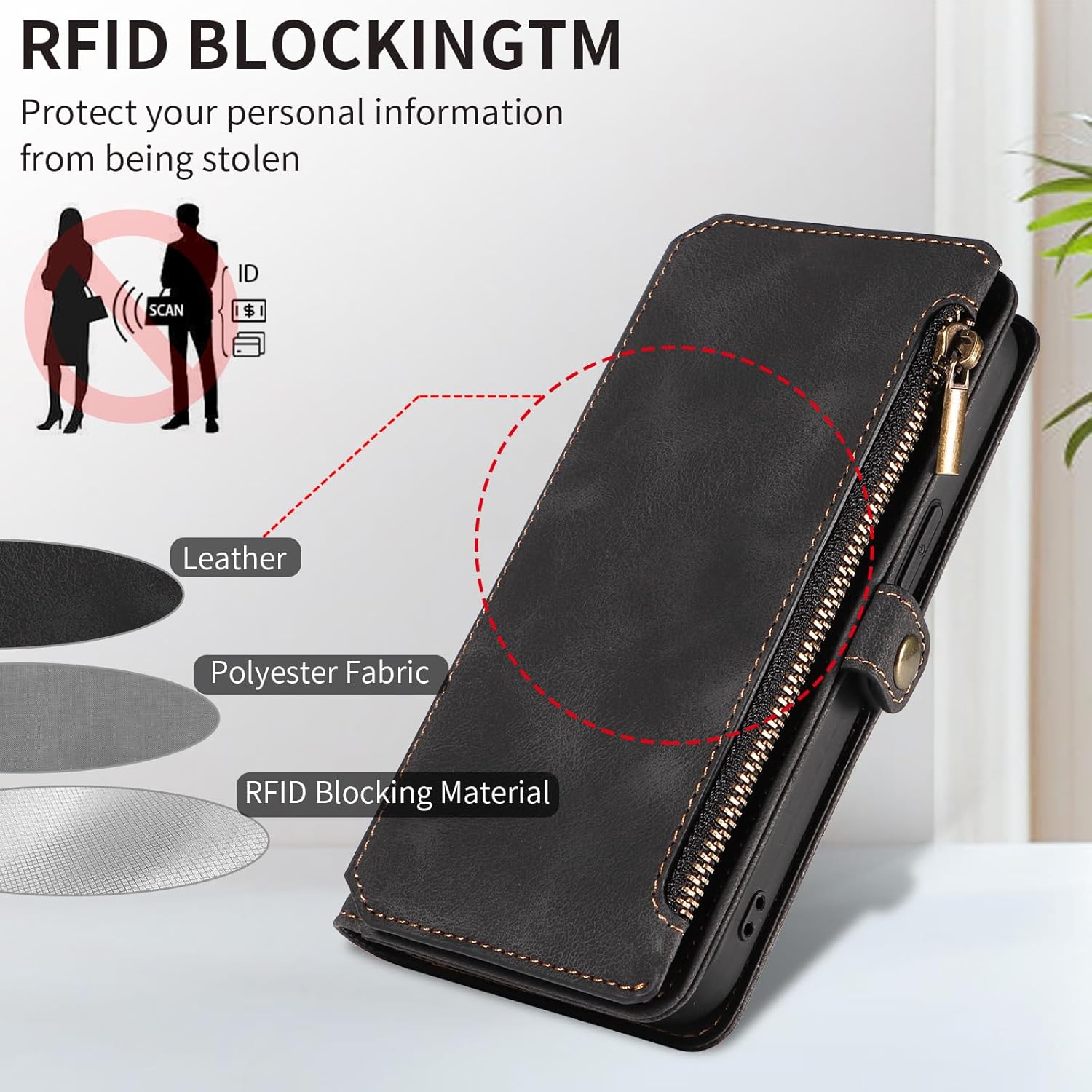 for iPhone 8 Plus/iPhone 7 Plus Wallet Case, [RFID Blocking] PU Leather Phone Case for Women Men with Zipper Card Holder, Wrist Strap Flip Case for iPhone 8 Plus/iPhone 7 Plus (Black)