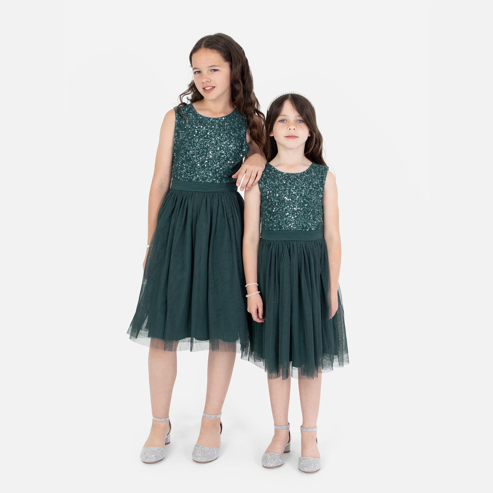Maya Deluxe Mädchen Midi Dress for Girls Sequins Embellished Party Tutu Bridesmaids Wedding with Belt Bow Kleid