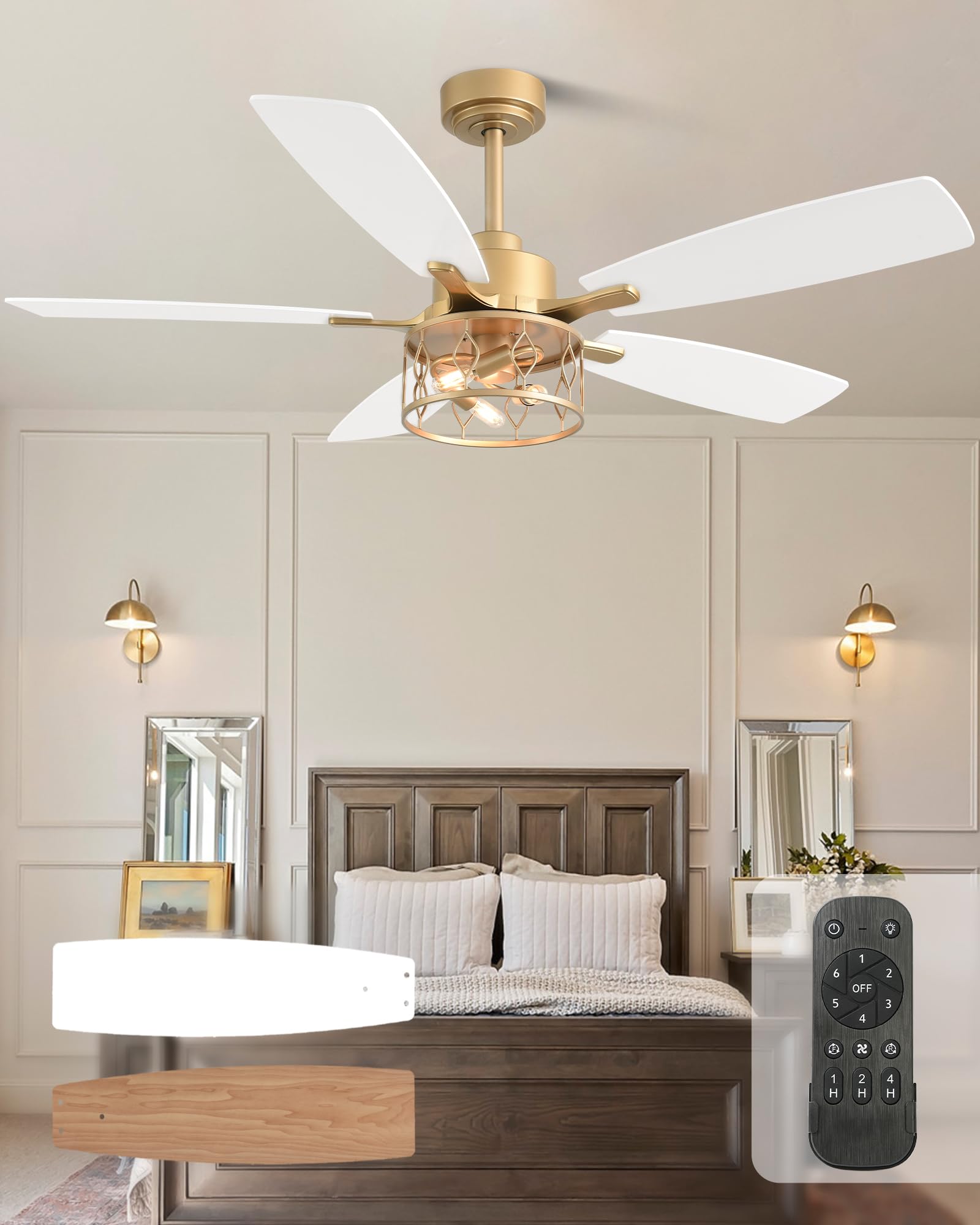 52 Inch Ceiling Fan with Light and Remote, Gold and White