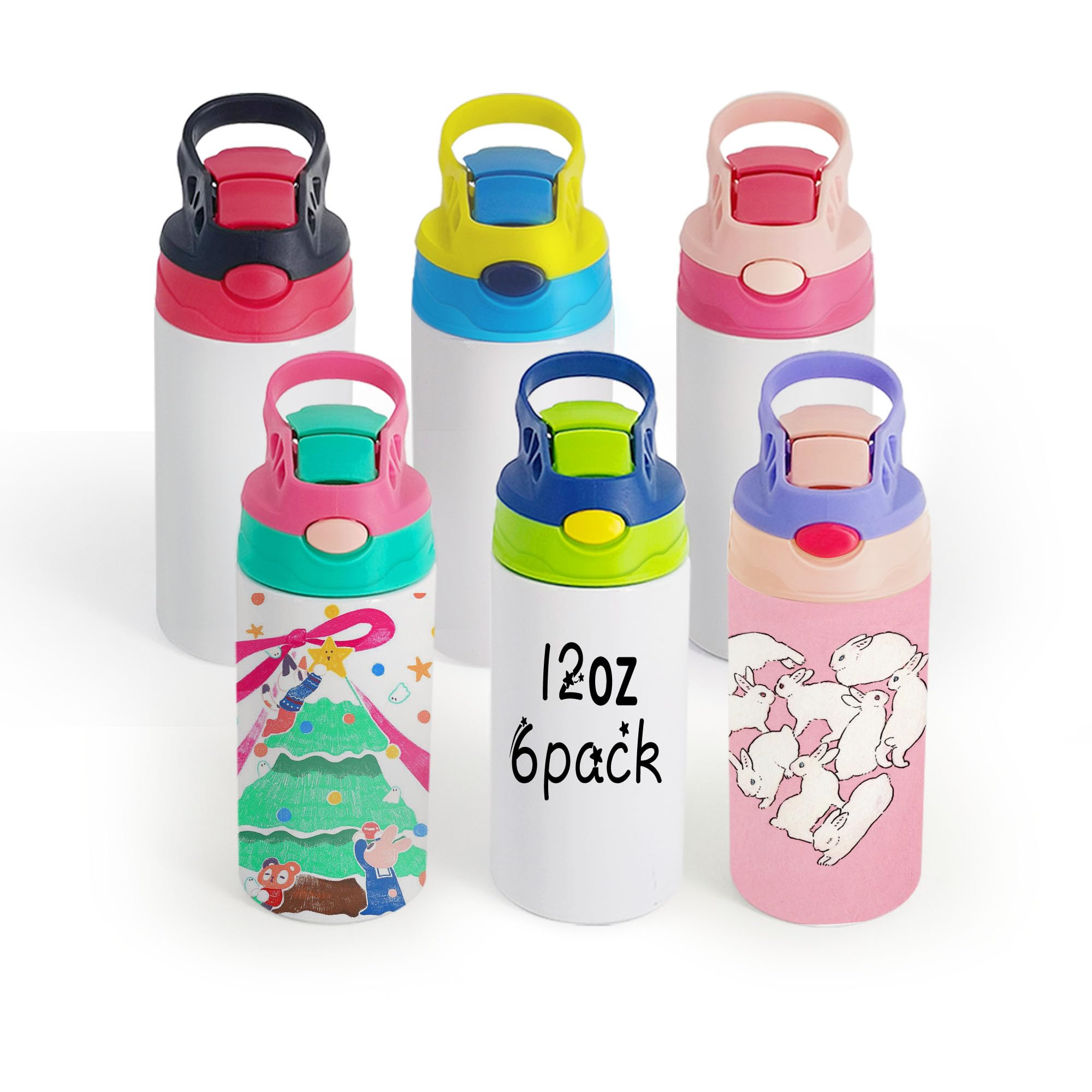 Lilsofee 6 Pack 12 OZ Sublimation Straw Sippy Cup Blank Tumblers Double Wall Vacuum Insulated Mixed Color Thermoses Stainless Steel Water Bottles for