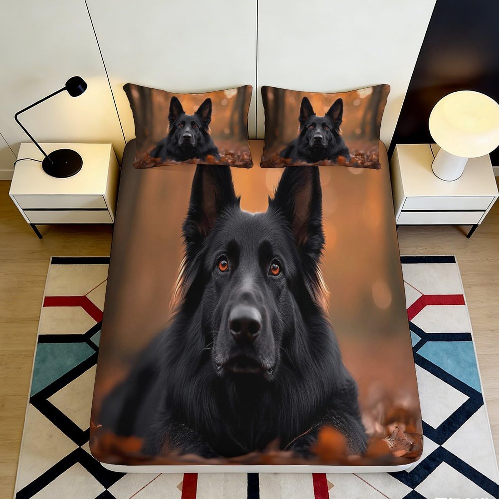 3D Printed Black German Shepherd Fitted Sheet Microfiber Soft Bed Cover Autumn Forest Mattress Protection Decor 90x200x25cm