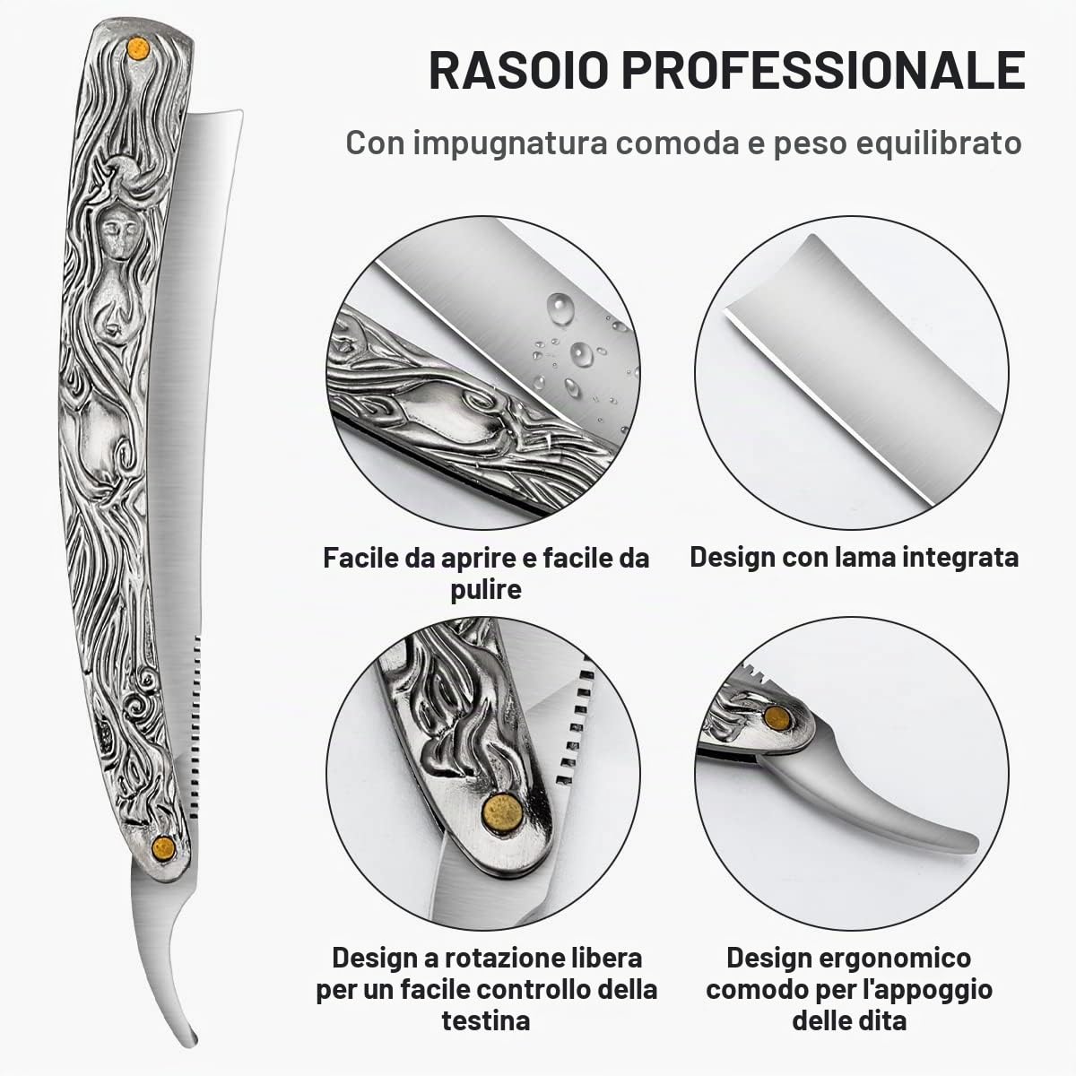 M&LD Rasoio Professionale per la Gola con Affilatrice in Pelle di Mucca - Lama da Barba per Barbieri Taglio Singolo Kit Rimozione Neve in Acciaio Inox per Rasoi Domestici da uomo
