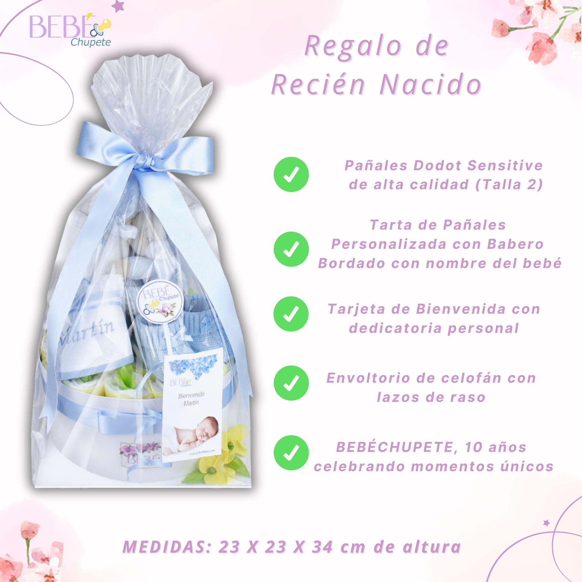 BEBÉCHUPETE Tarta de Pañales Personalizada DODO T - Canastilla bebe - Regalo bebe recien nacido niño/a - Cesta bebe recien nacido niño - Regalos para bebes recien nacidos (Azul)