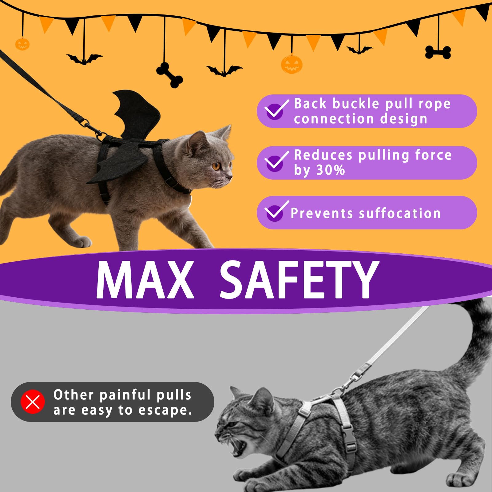 Katzengeschirr und Leine, Katzen-Halloween-Kostüme mit Fledermausflügeln, ausbruchsicher, weich, verstellbare Weste, einfache Kontrolle, atmungsaktiv, Halloween-Kostüm, Geschirr für kleine