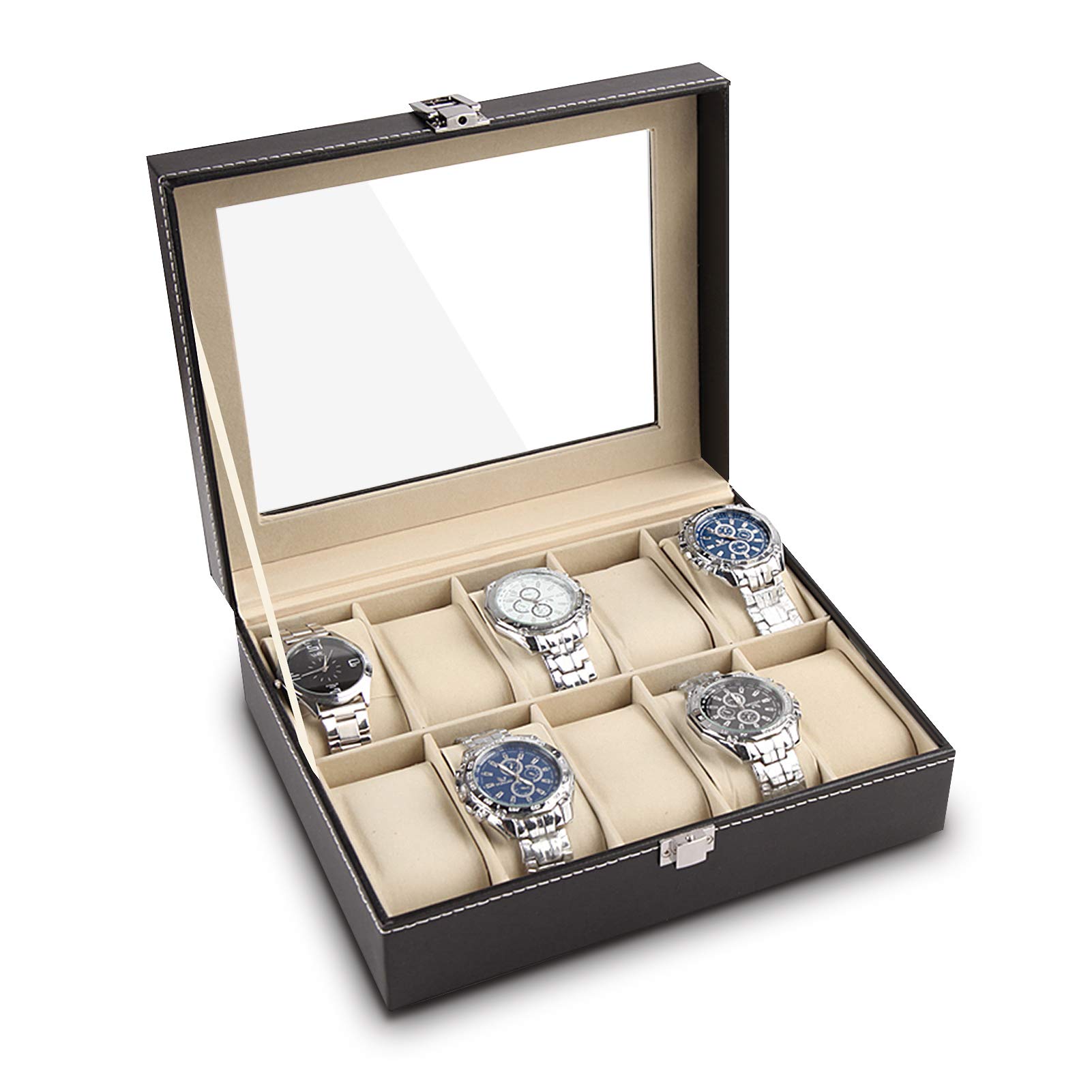 Ejoyous Caja de almacenamiento de 10 rejillas, caja de reloj para 10 relojes, funda de piel sintética con tapa de cristal y cojín para reloj, para hombre y mujer, decoración, coleccionar y regalar