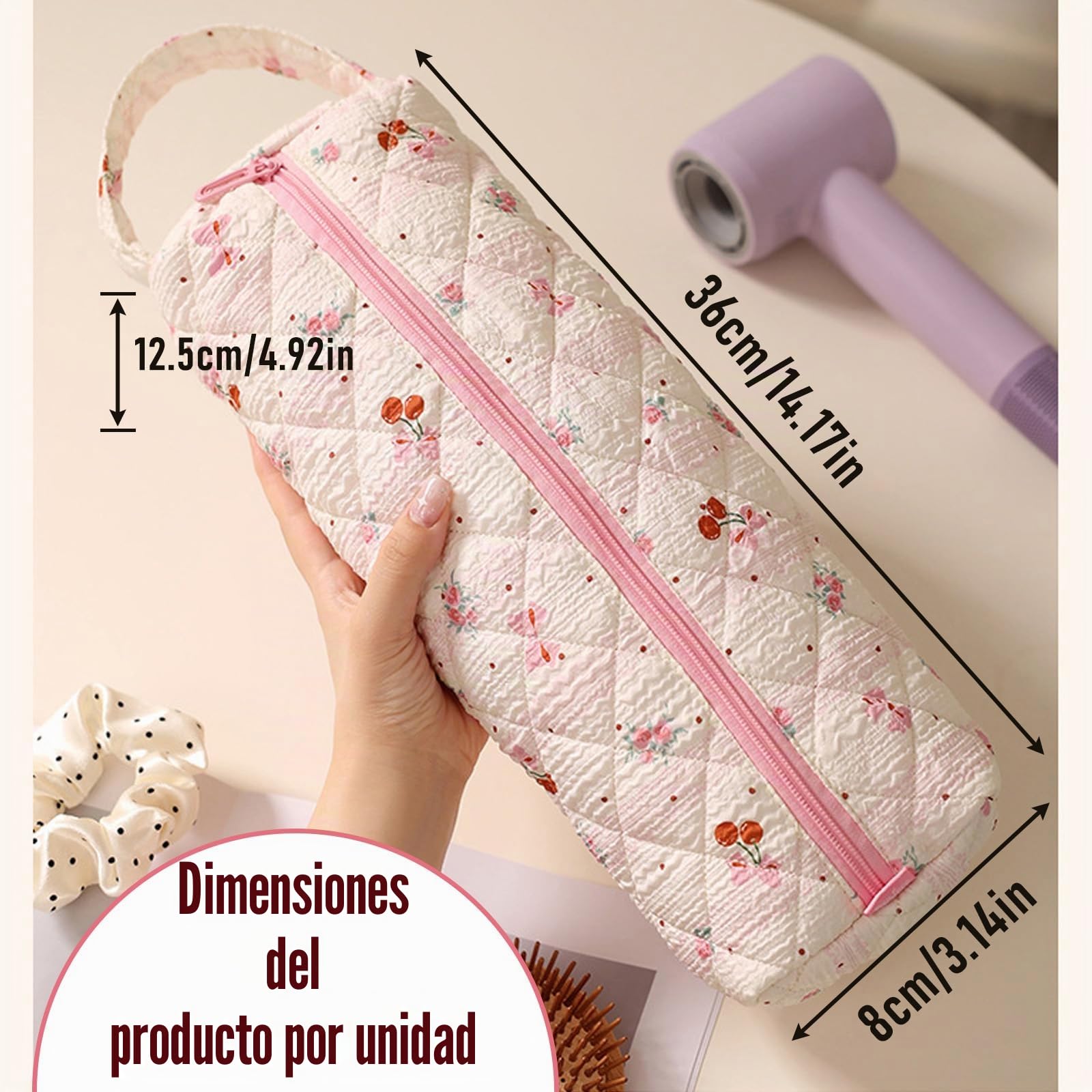 Rosa Claro Floral Bolsa De Almacenamiento De Viaje para Secador De Pelo, PortáTil Funda Plancha Pelo Y Rizador, Ligera Bolsas Viaje para Airwrap Styler Herramientas De PeluqueríA Organizador