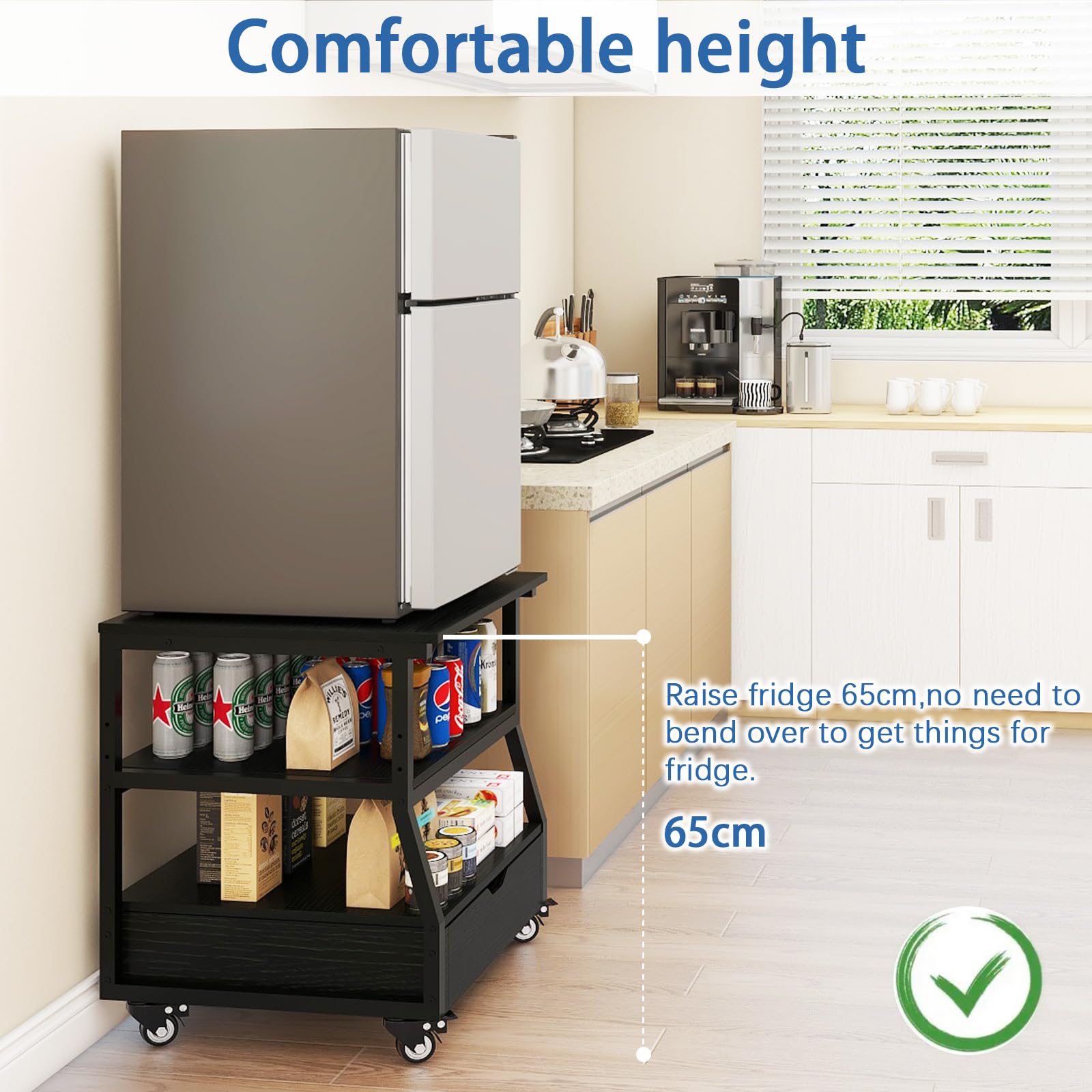 Mini soporte para refrigerador de 23.6 x 21.7 pulgadas con almacenamiento de gran capacidad, carrito de refrigerador resistente con cajones, mesa móvil para refrigerador de bebidas con ruedas, 6