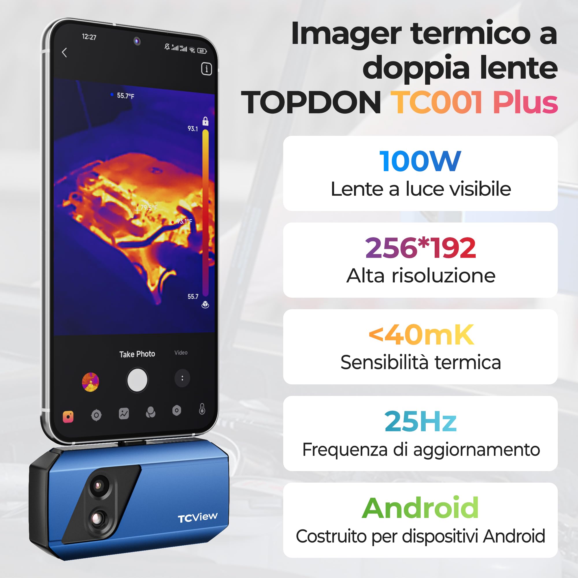 TOPDON TC001 Plus Termocamera Professionale per Android, 512x384 TISR Risoluzione con Cámara Visual, Telecamera Termica de Doble Lente, -20℃ a 550℃, Precisione 0.1℃, Frequenza di Aggiornamento 25Hz