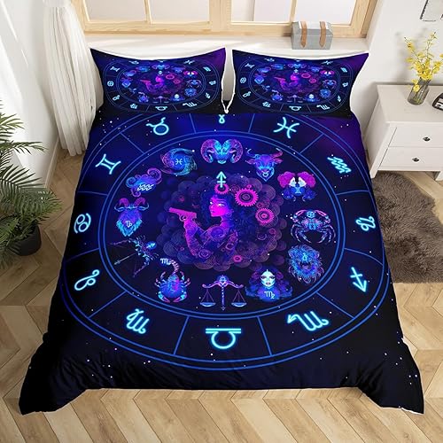 Miniatura 17 de Piscis - Juego de funda de edredón tamaño Queen con patrón de constelación 3D, funda de edredón de galaxia morada para niños, jóvenes, niñas, Multi